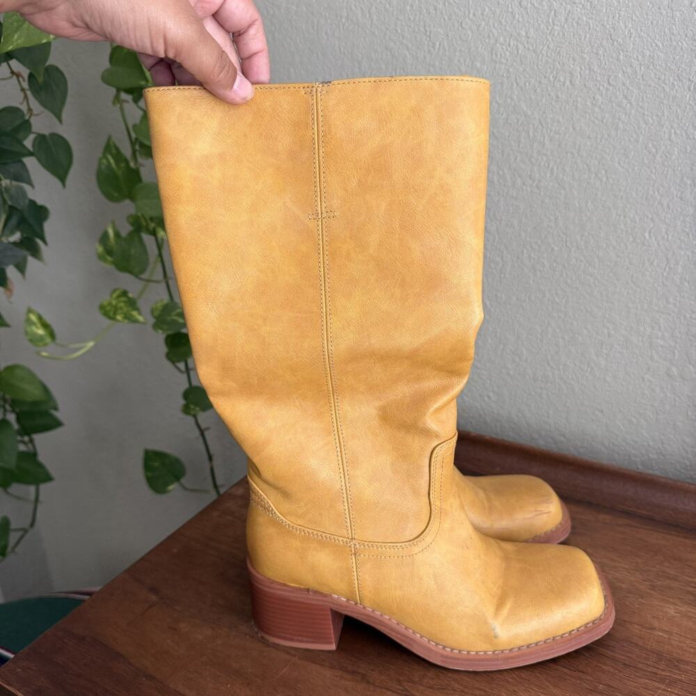 Tan Leather Knee-High Boots with Block Heel